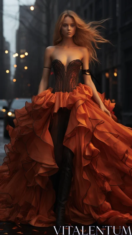 Elegant Woman in Orange Dress on City Street AI Image