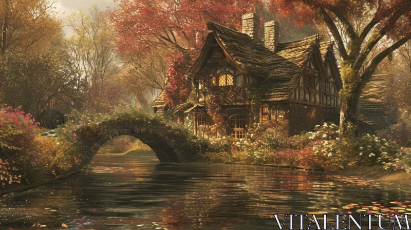Enchanting Cottage in Autumn Forest | Serene Nature Landscape AI Image