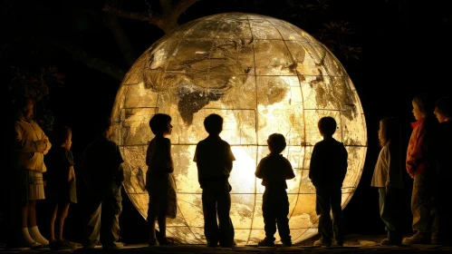 Enchanting Moment: Children Engrossed by a Glowing Golden Globe