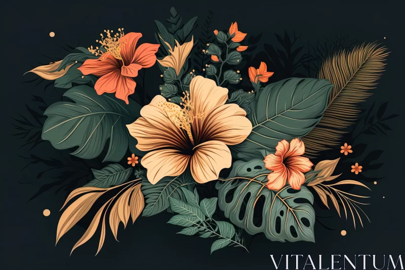 Exquisite Tropical Leaves and Flowers in Abstract Style AI Image