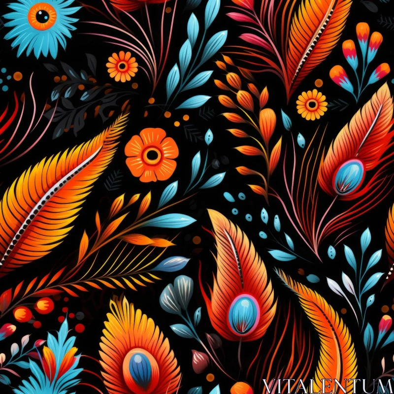 Floral and Peacock Feather Seamless Pattern - Folk Art Style AI Image