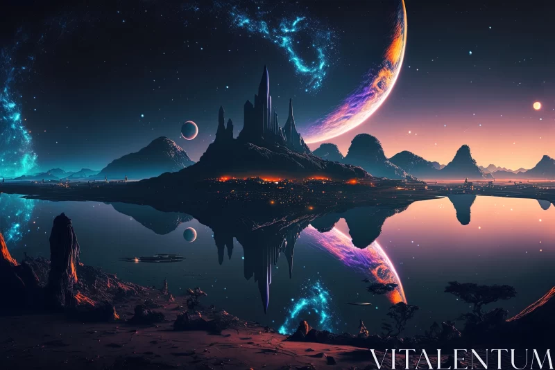 Gothic Futurism meets Fantasy: Vibrant Space Landscape with Stars and Planets AI Image