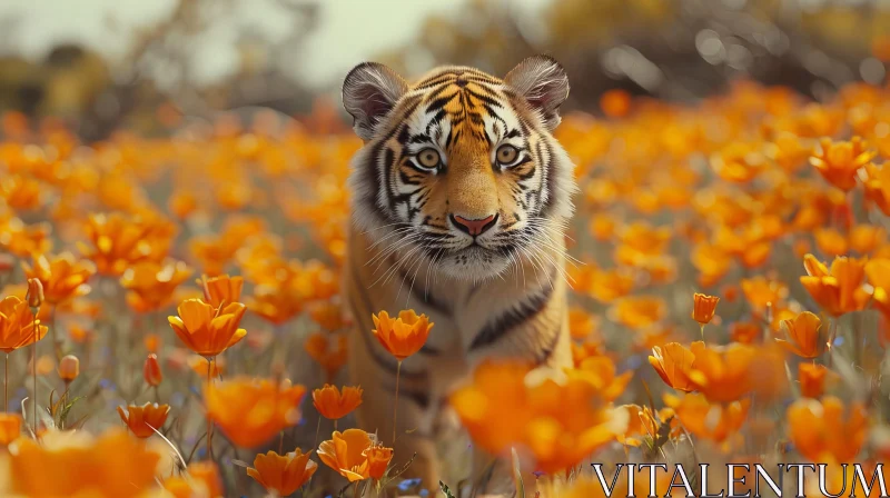 AI ART Graceful Tiger Cub in Field of Orange Flowers