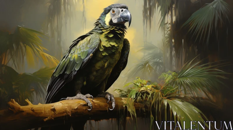 Green Parrot on Branch in Jungle | Digital Painting AI Image
