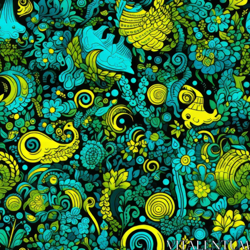 Hand-Drawn Floral Pattern in Green, Blue, and Yellow AI Image