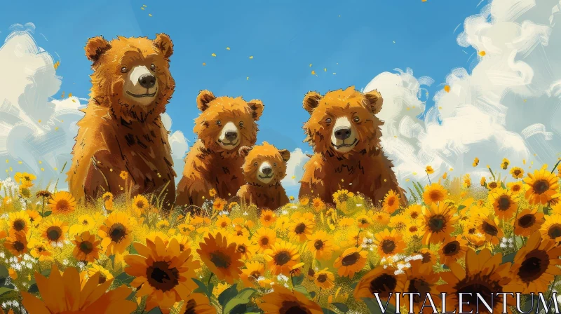 Happy Family of Bears in Sunflower Field AI Image
