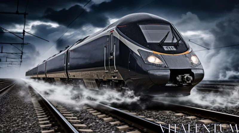 High-Speed Train in Rain: Speeding Through Water AI Image