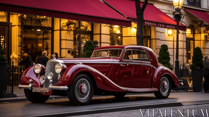 Luxurious Opulence: Red Vintage Car in Front of Cafe at Night AI Image