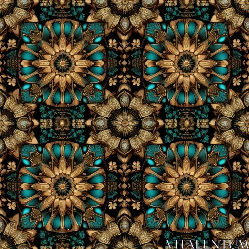 Luxury Golden Teal Blue Floral Geometric Pattern AI Image