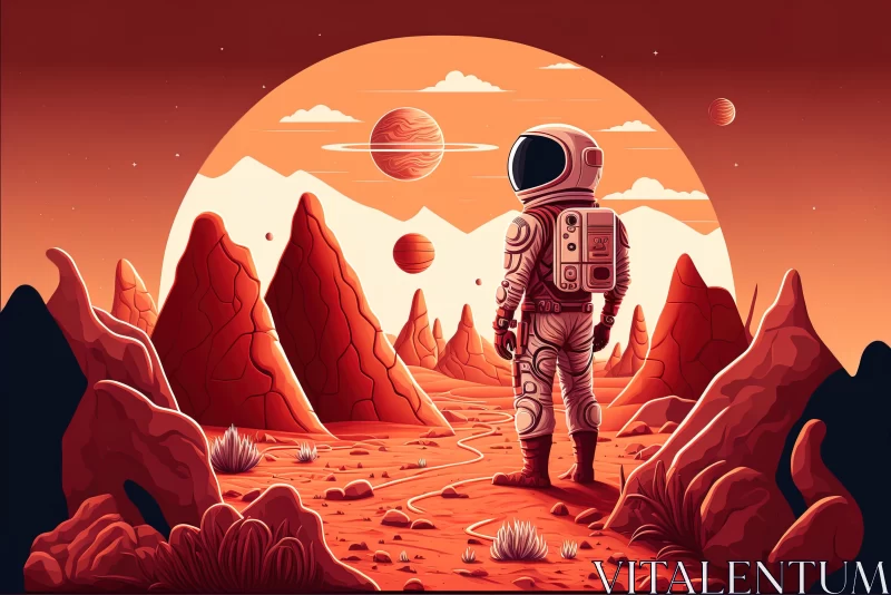 Man in Space Helmet Standing in Mars Landscape - Crisp Neo-Pop Illustration AI Image