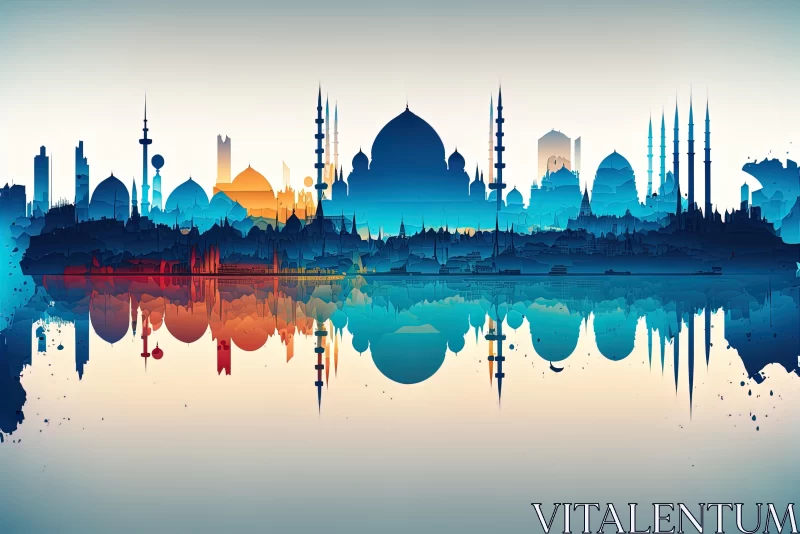 Psychedelic Istanbul Skyline: Blue Mosques Reflections AI Image