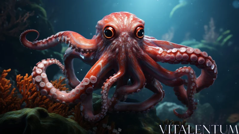 AI ART Red Octopus 3D Rendering in Underwater Coral Reef