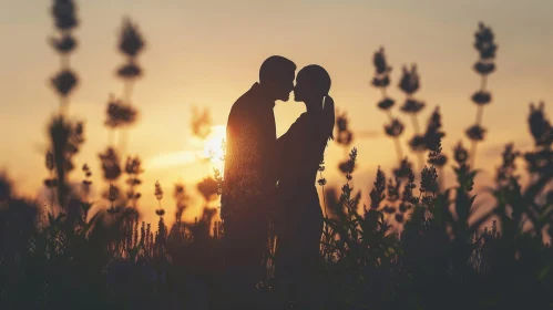 Romantic Sunset Silhouette of Kissing Couple in Flower Field
