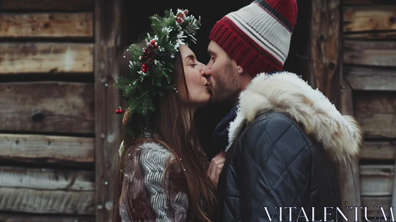 Winter Romance: Young Couple Kissing in Snowy Scene AI Image