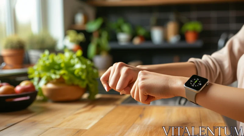Woman in Kitchen with Clenched Fists and Smartwatch AI Image