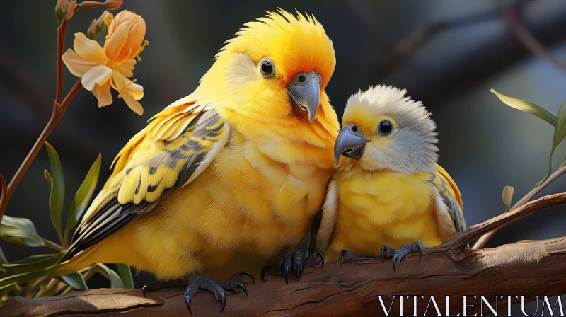 Yellow Parrots on Branch - Nature's Beauty AI Image