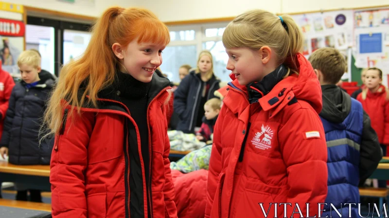Adorable Girls in Red Jackets Smiling in a Room AI Image