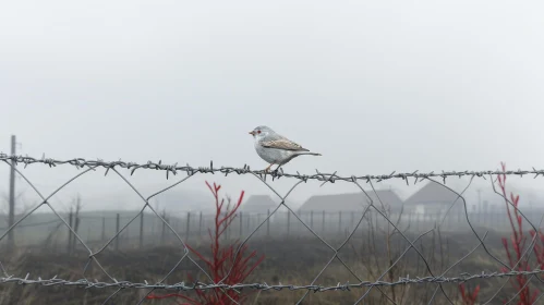 Bird on Rusty Barbed Wire Fence in Nature