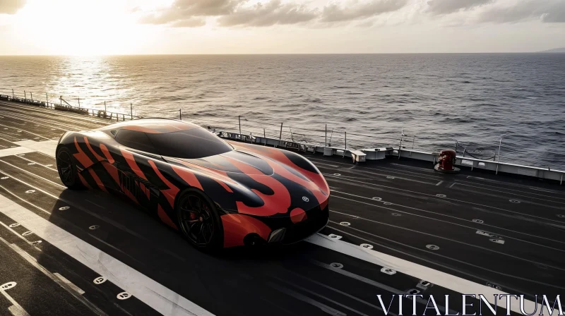 Black and Red Sports Car on Aircraft Carrier at Sunset AI Image