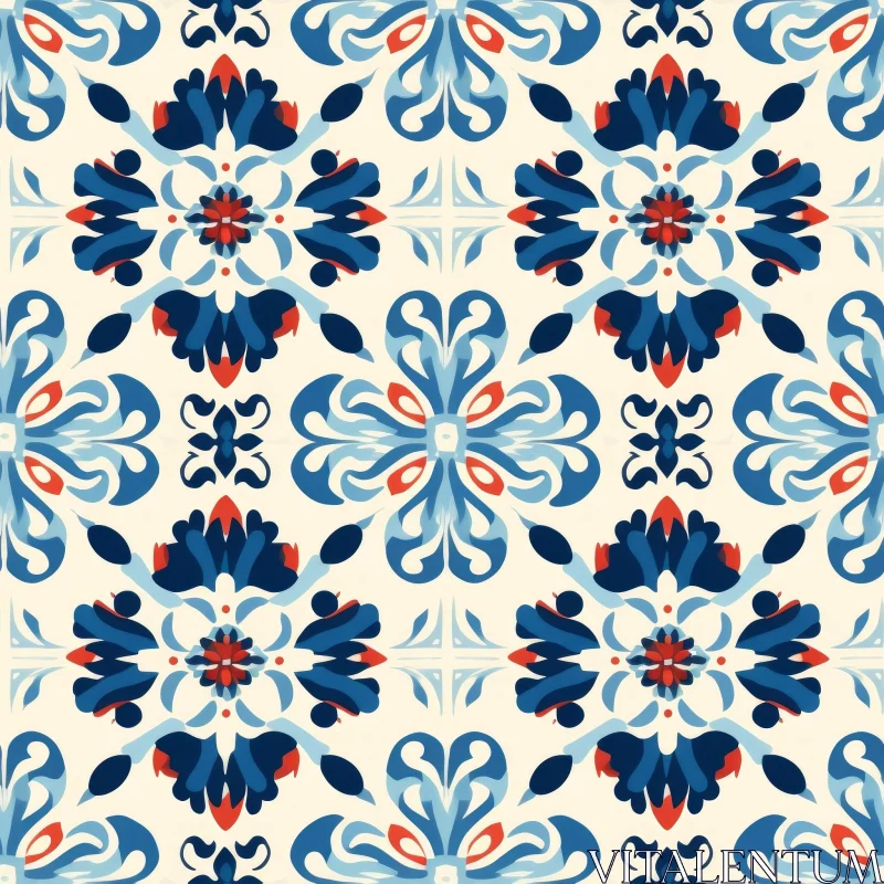 Blue Red White Floral Tiles Pattern AI Image