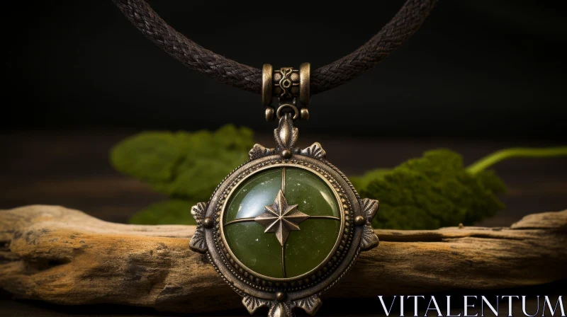 Bronze Pendant Compass with Green Stone - Close-Up Photograph AI Image