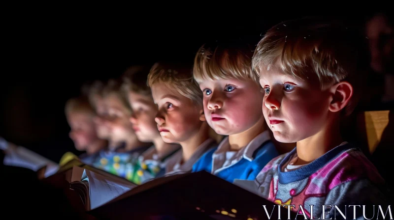 Captivating Image of Children Reading a Book in a Darkened Room AI Image