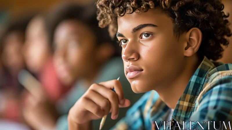 Captivating Image of Thoughtful African-American Teenage Boy in a Classroom AI Image