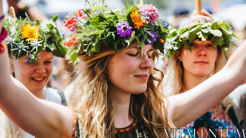 Enchanting Midsummer Festival: Three Women with Flower Wreaths AI Image