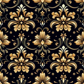 Golden Floral Damask Pattern on Black Background