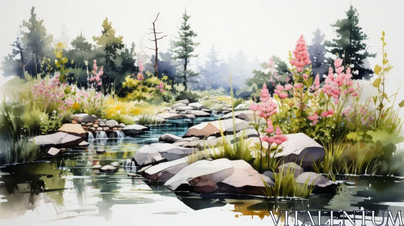 AI ART Tranquil Forest River Watercolor Painting