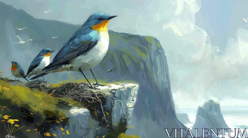 Tranquil Painting of Blue Birds on Cliff Overlooking Sea AI Image