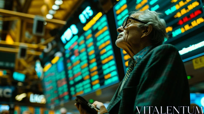 Analyzing Stock Market Data: An Elderly Man's Concentration AI Image