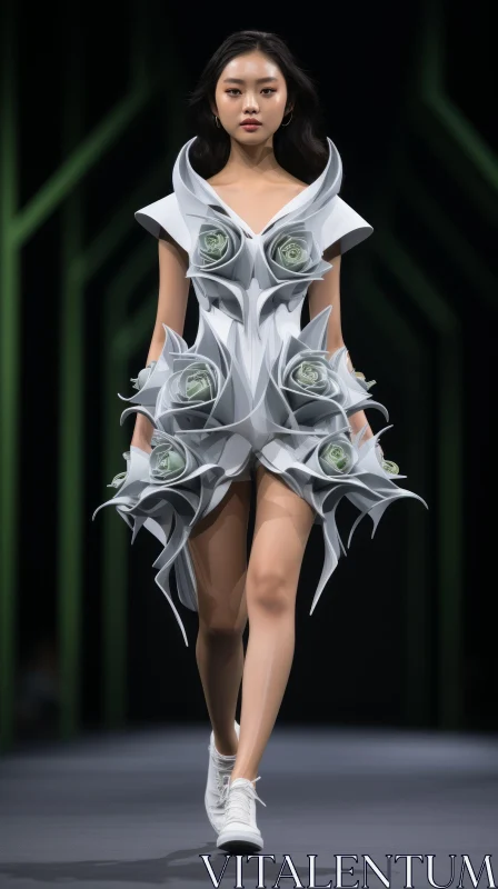 Avant-Garde 3D Printed Fashion Dress Runway Model White Green AI Image
