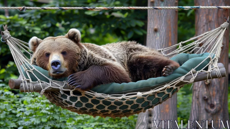 Brown Bear Relaxing in Hammock - Nature Scene AI Image