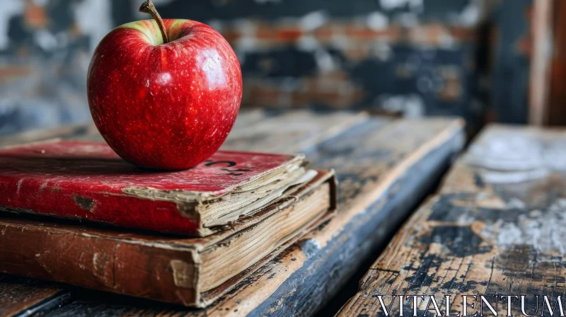 Captivating Still Life: Red Apple on Stack of Old Books AI Image