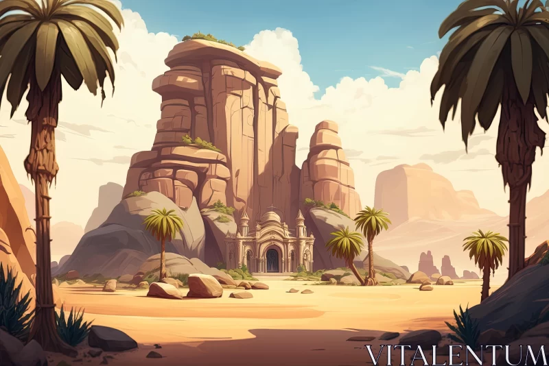 Cartoon Desert Landscape with Palm Trees and Castle - Post-Apocalyptic Backdrop AI Image