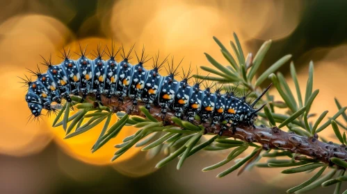 Colorful Caterpillar on Pine Branch