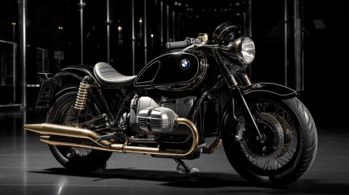 Elegant Black and Gold BMW Motorcycle in a Dark Room - Golden Age Illustrations