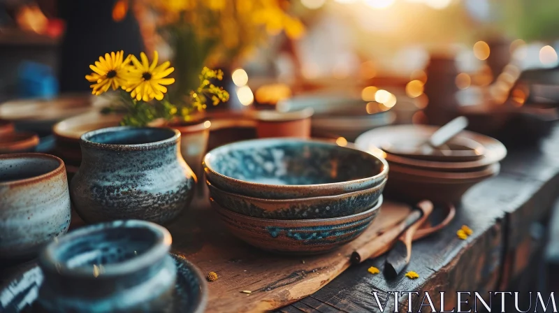 Exquisite Handmade Ceramic Bowls and Cups on a Wooden Table AI Image