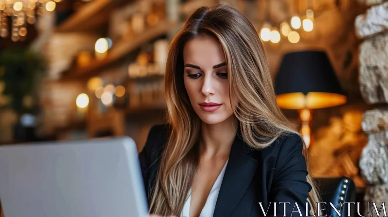 Focused Woman Working on Laptop in Cafe AI Image