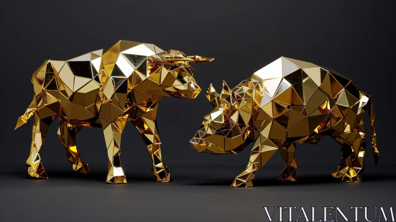 Golden Polygonal Bulls: Captivating 3D Rendering AI Image