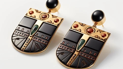 Luxurious Gold Shield Earrings with Enamel and Gemstones