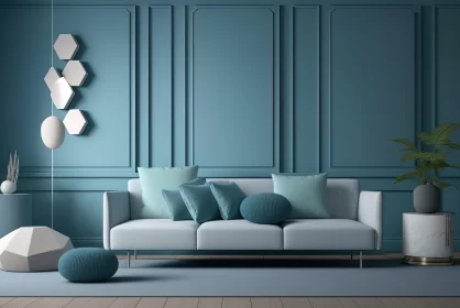 Neutral Interior Living Room with White Sofa - Dark Teal and Light Azure Style