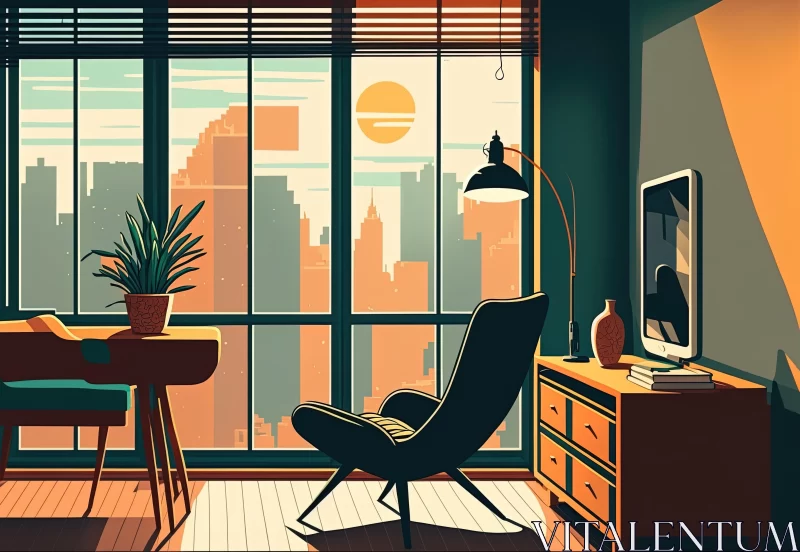 AI ART Retro Illustration of Desk, Computer, and Window with City View | Mid-Century Modern Style