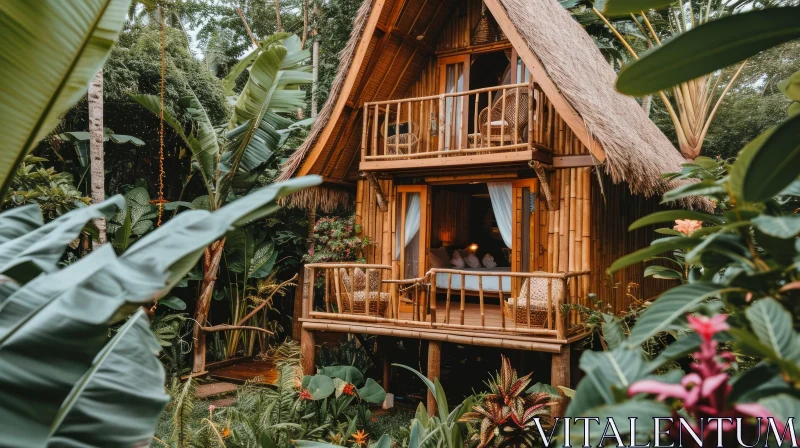 Tranquil Bamboo House in Lush Tropical Jungle AI Image