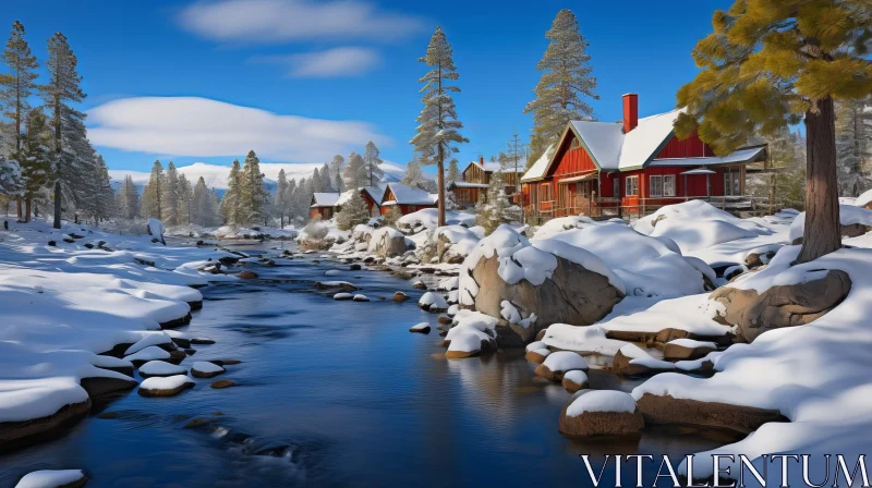 AI ART Winter Landscape with River and Snow-Covered Rocks