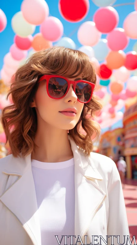 AI ART Young Woman with Red Sunglasses and Balloons - Sunny Day Photo