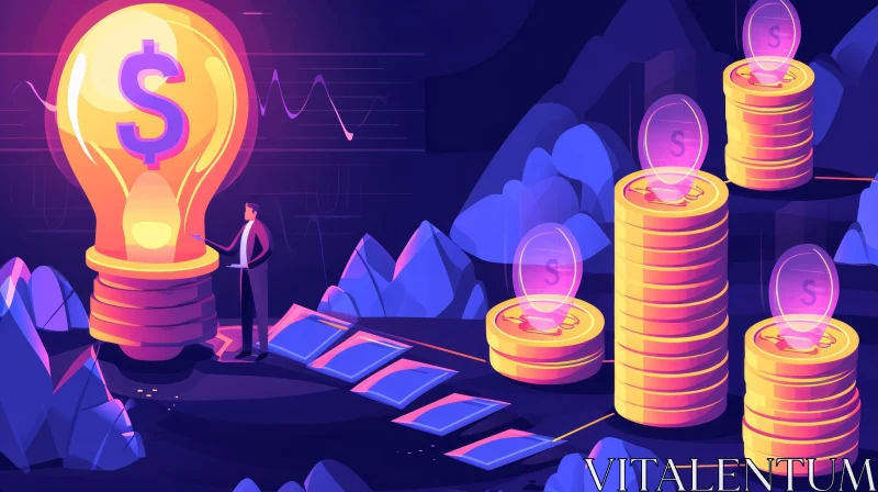 Businessman with Glowing Light Bulb and Money Coins Illustration AI Image