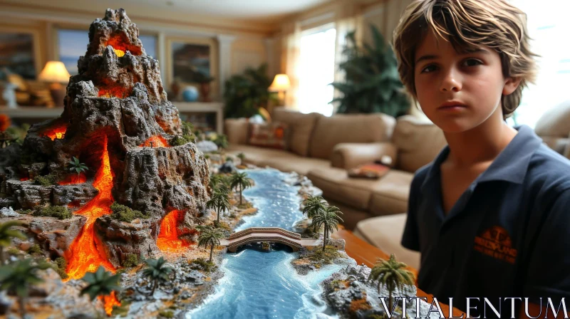 AI ART Captivating Image of a Young Boy and a Model Volcano in a Living Room