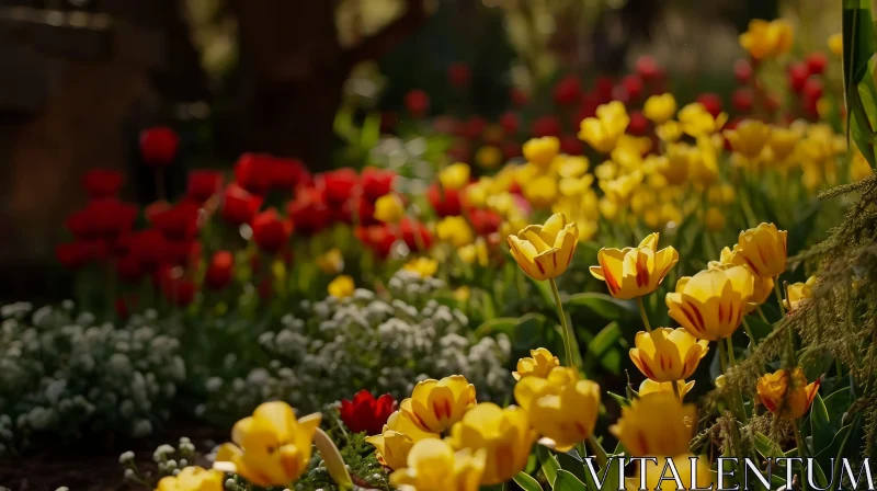 Close-Up of Red and Yellow Tulips in Full Bloom AI Image
